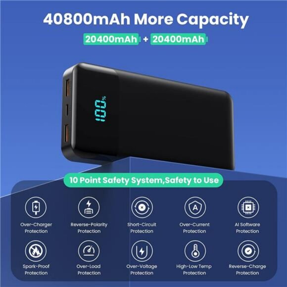 40800mAh Power Bank Fast Charger Built In Cables USB C for iPhone Android - Picture 5 of 8